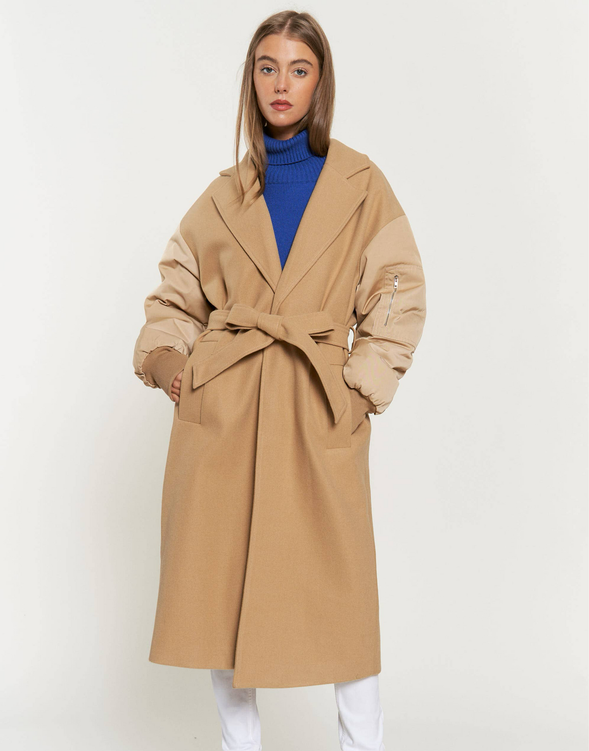 TIE WAIST PADDED BALLOON SLEEVE BOMBER MIDI COAT