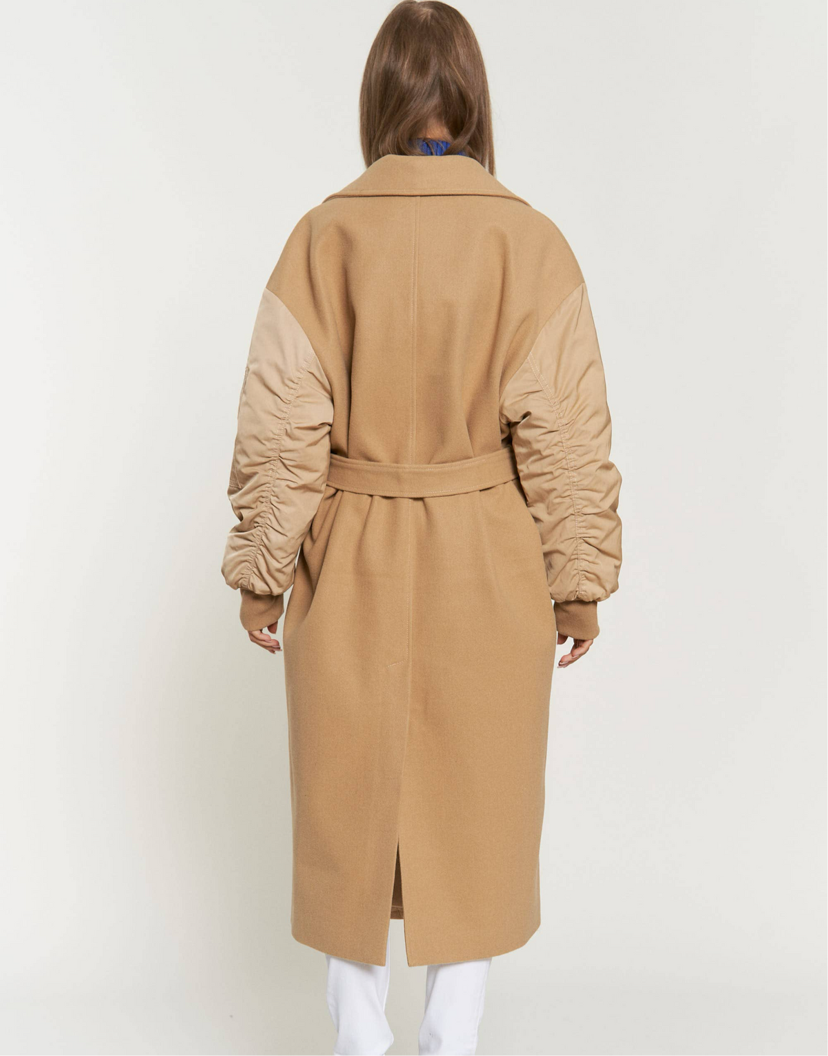 TIE WAIST PADDED BALLOON SLEEVE BOMBER MIDI COAT