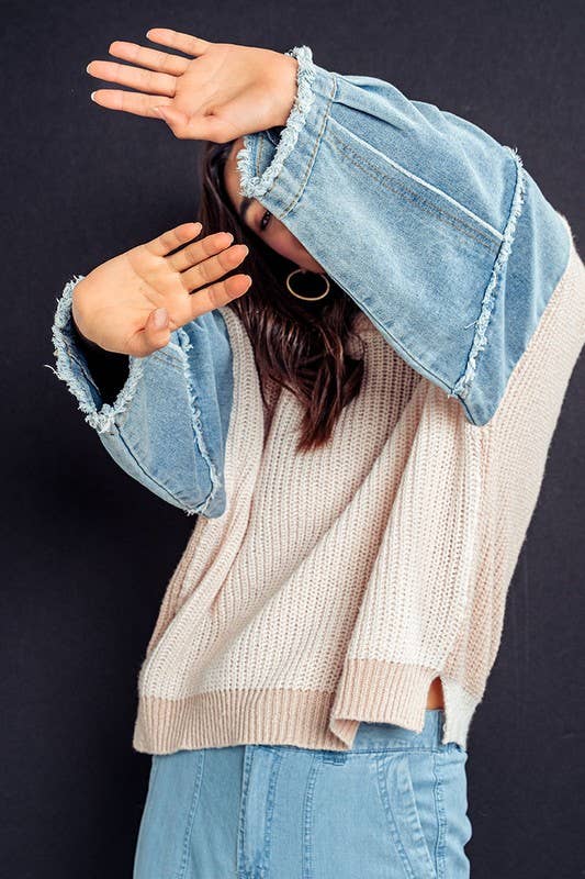 DENIM SLEEVE TWO TONE KNIT SWEATER