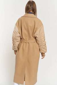 TIE WAIST PADDED BALLOON SLEEVE BOMBER MIDI COAT