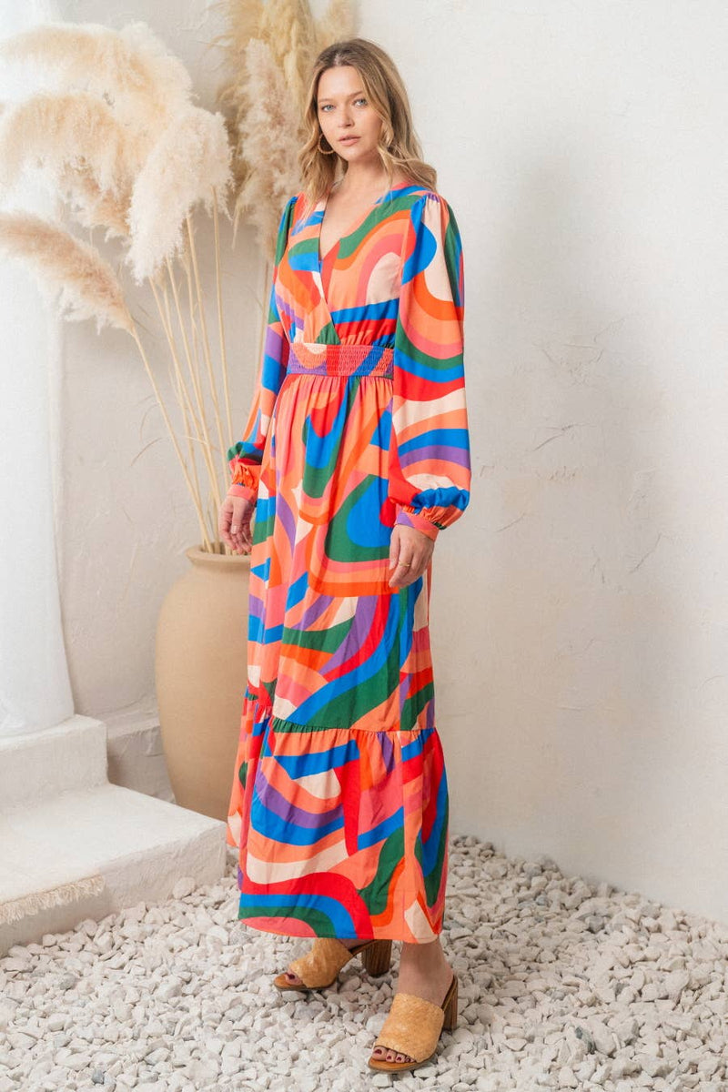 Multi Color Geo Print Front Wrap Maxi Dress