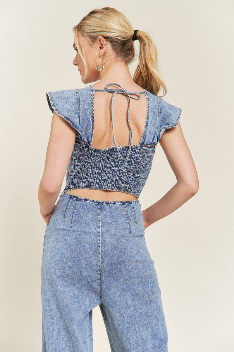 RUFFLED DENIM JUMPSUIT