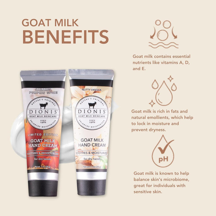 Dionis Goat Milk Skincare Vanilla Pumpkin Hand Cream Set - Caramel Pumpkin Spice and Nutty Vanilla Scented 1oz Mini Lotions For Dry Hands in a Gift Box - Paraben Free Travel Size Moisturizer