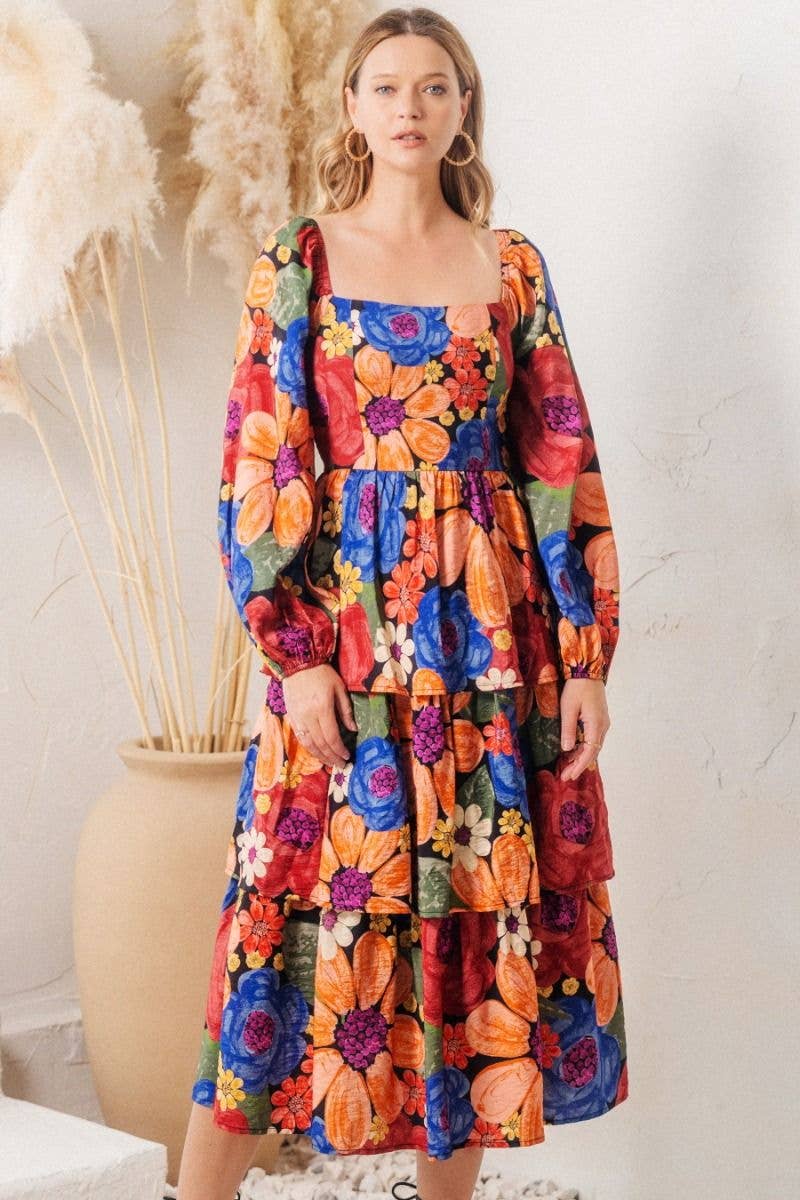 Floral Printed Tired Ruffle Midi Dress