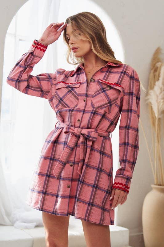 Collared Long Sleeve Plaid Button Down Shirt Dress