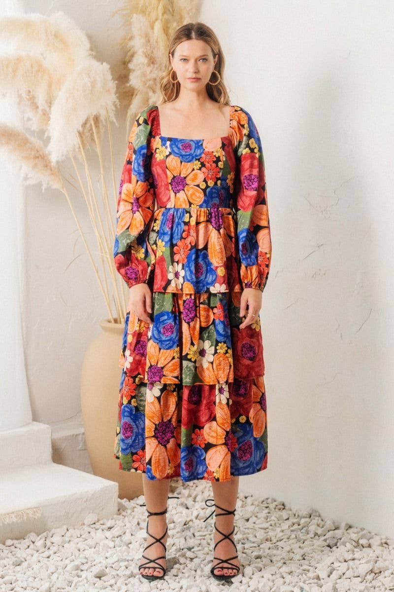 Floral Printed Tired Ruffle Midi Dress