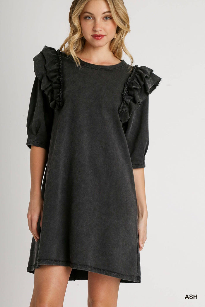 Mineral Wash Crew Neck French Terry Dress With Ruffles