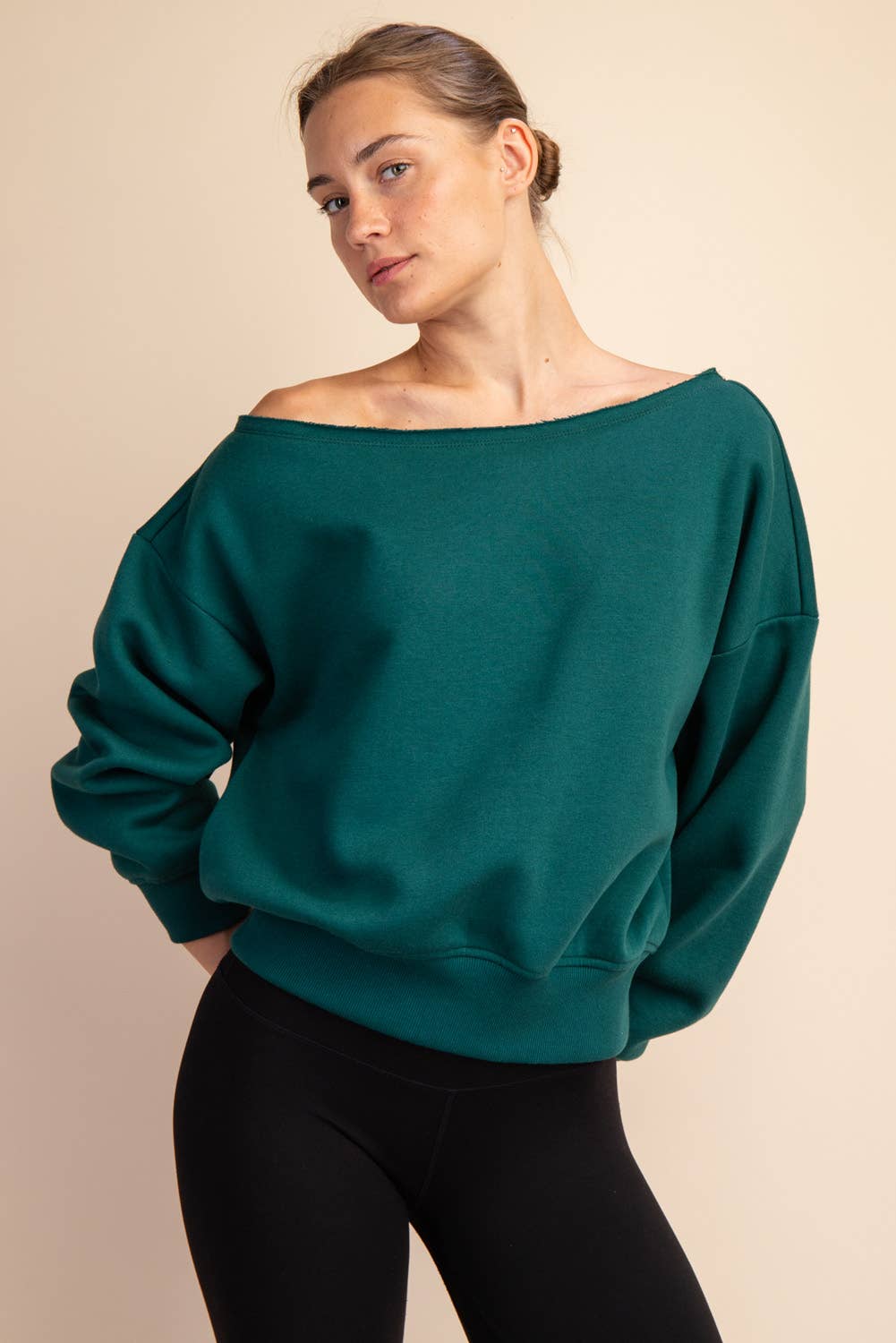 FRENCH TERRY FLEECE OFF SHOULDER SWEATSHIRT