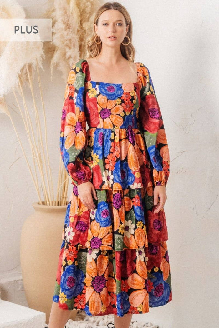 Plus Floral Printed Tired Ruffle Midi Dress