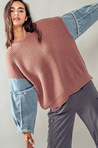 DENIM SLEEVE TWO TONE KNIT SWEATER