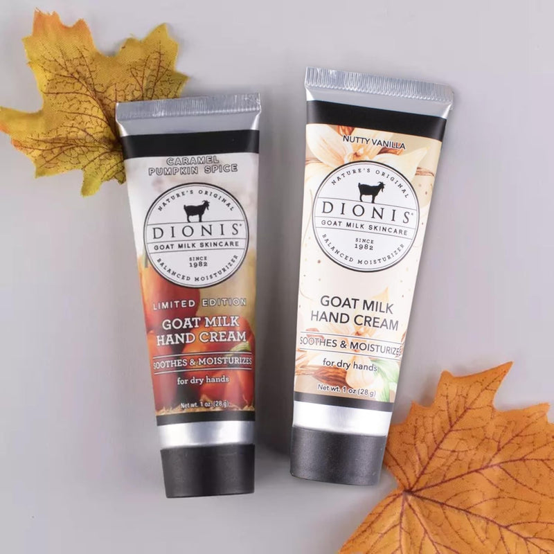 Dionis Goat Milk Skincare Vanilla Pumpkin Hand Cream Set - Caramel Pumpkin Spice and Nutty Vanilla Scented 1oz Mini Lotions For Dry Hands in a Gift Box - Paraben Free Travel Size Moisturizer