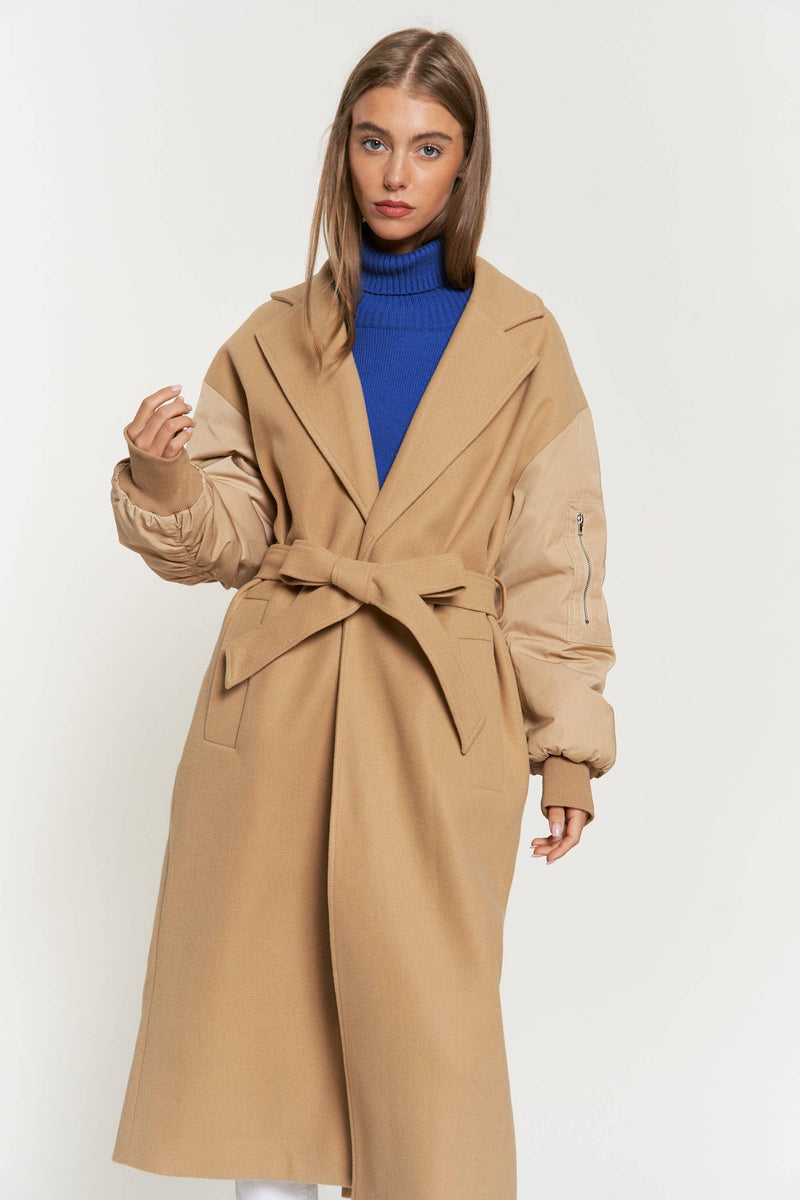 TIE WAIST PADDED BALLOON SLEEVE BOMBER MIDI COAT