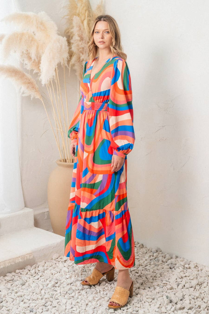 Multi Color Geo Print Front Wrap Maxi Dress