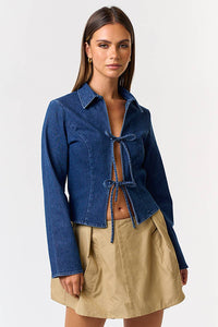 STRETCH DENIM FRONT TIE COLLARED LONG SLEEVE TOP