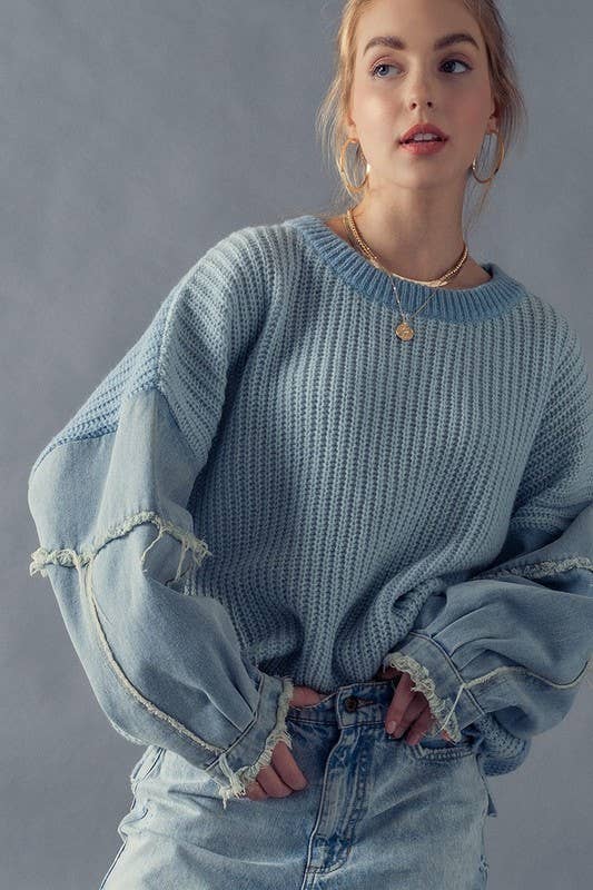 DENIM SLEEVE TWO TONE KNIT SWEATER