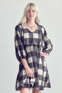 V NECK PLAID BABY DOLL DRESS