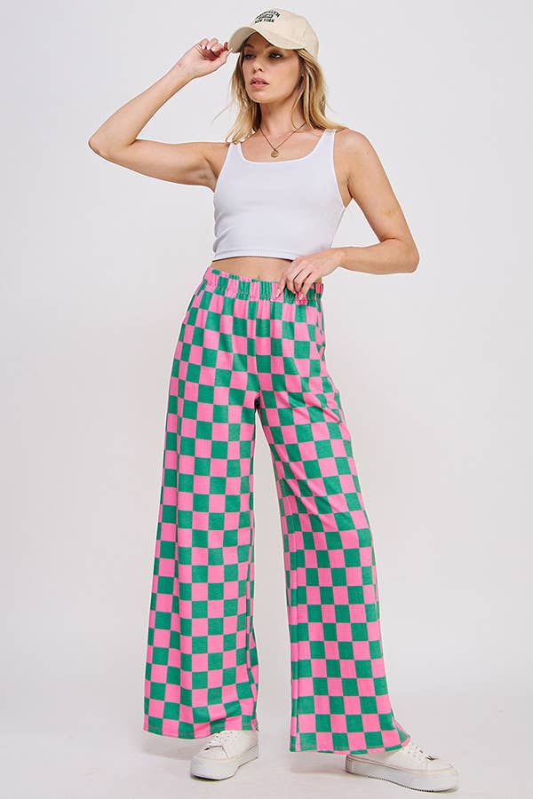 HIGH WAIST CHECKERED STRAIGHT LEG KNIT PANTS