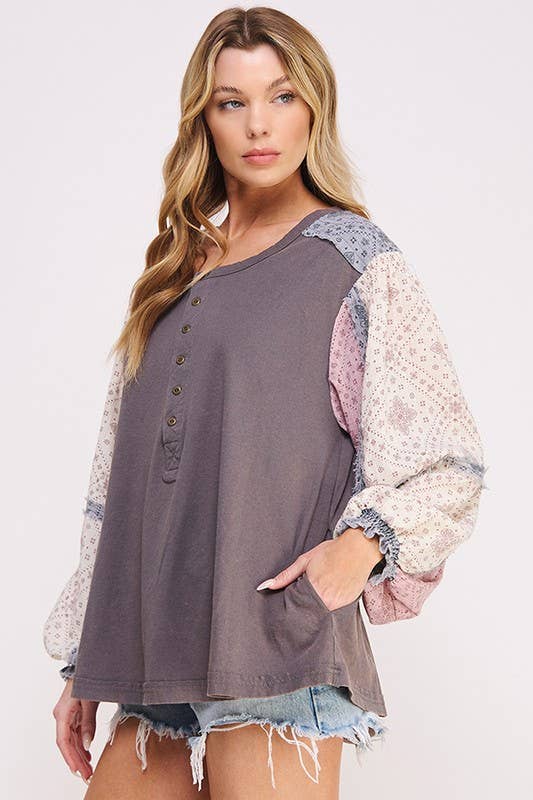 PLUS SIZE PRINTED PATCHWORK LONG SLEEVE BUTTON DOWN TOP