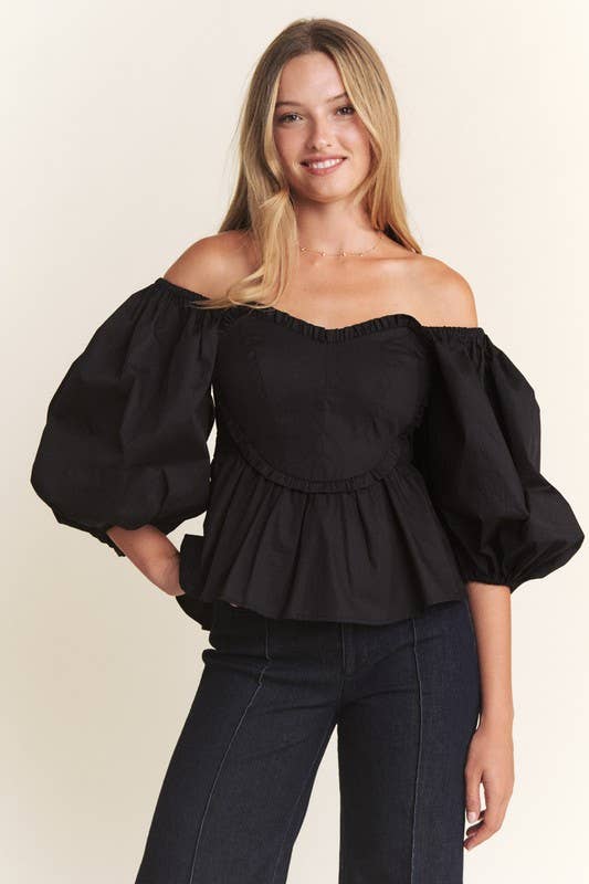 HEART SHAPED BUST 1/2 PUFF SLEEVE PEPLUM TOP