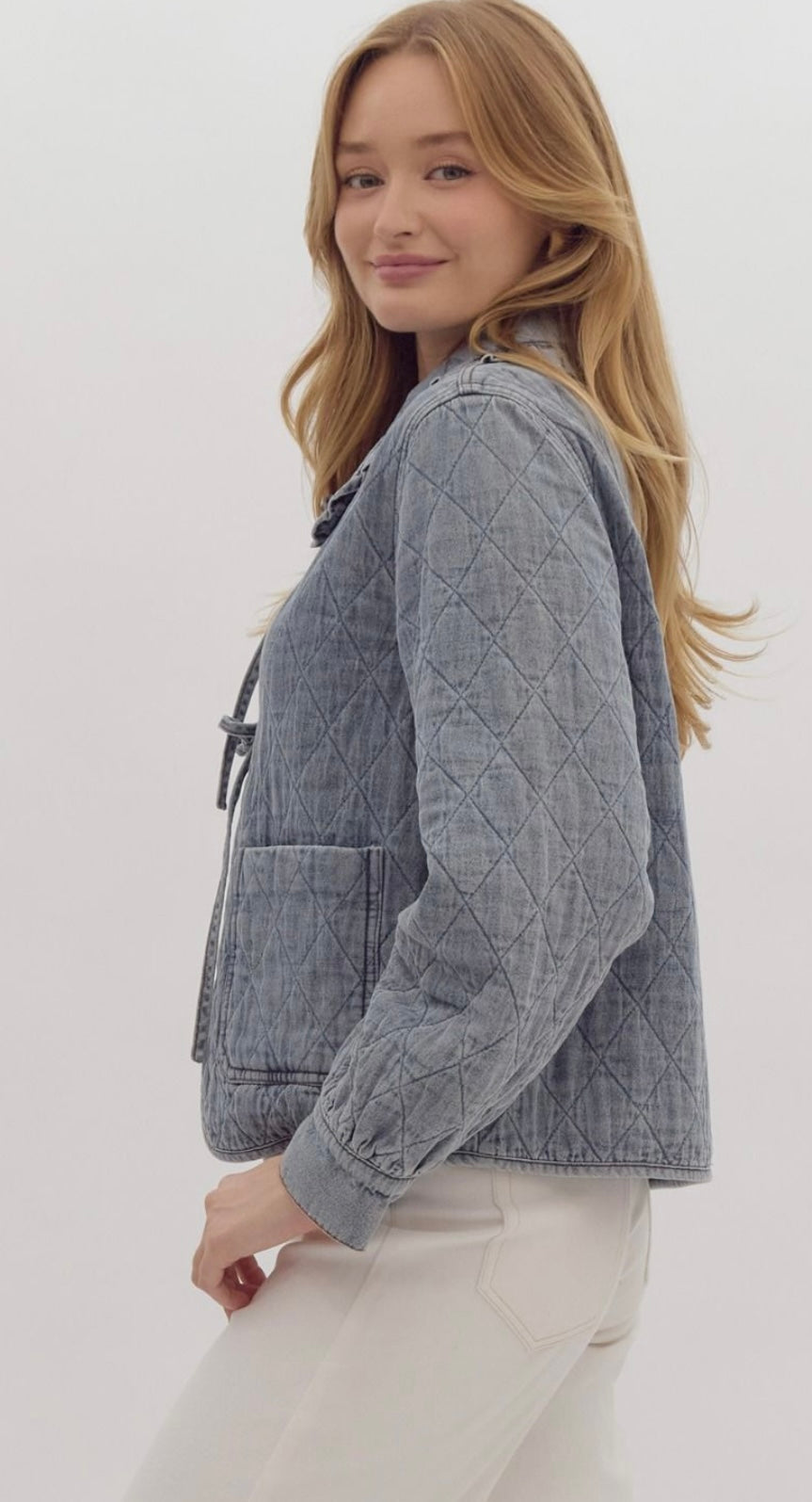 Quilted denim long sleeve collard jacket