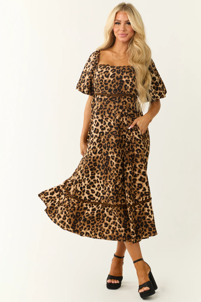 Camel Leopard Print Puff Sleeve Midi Dress