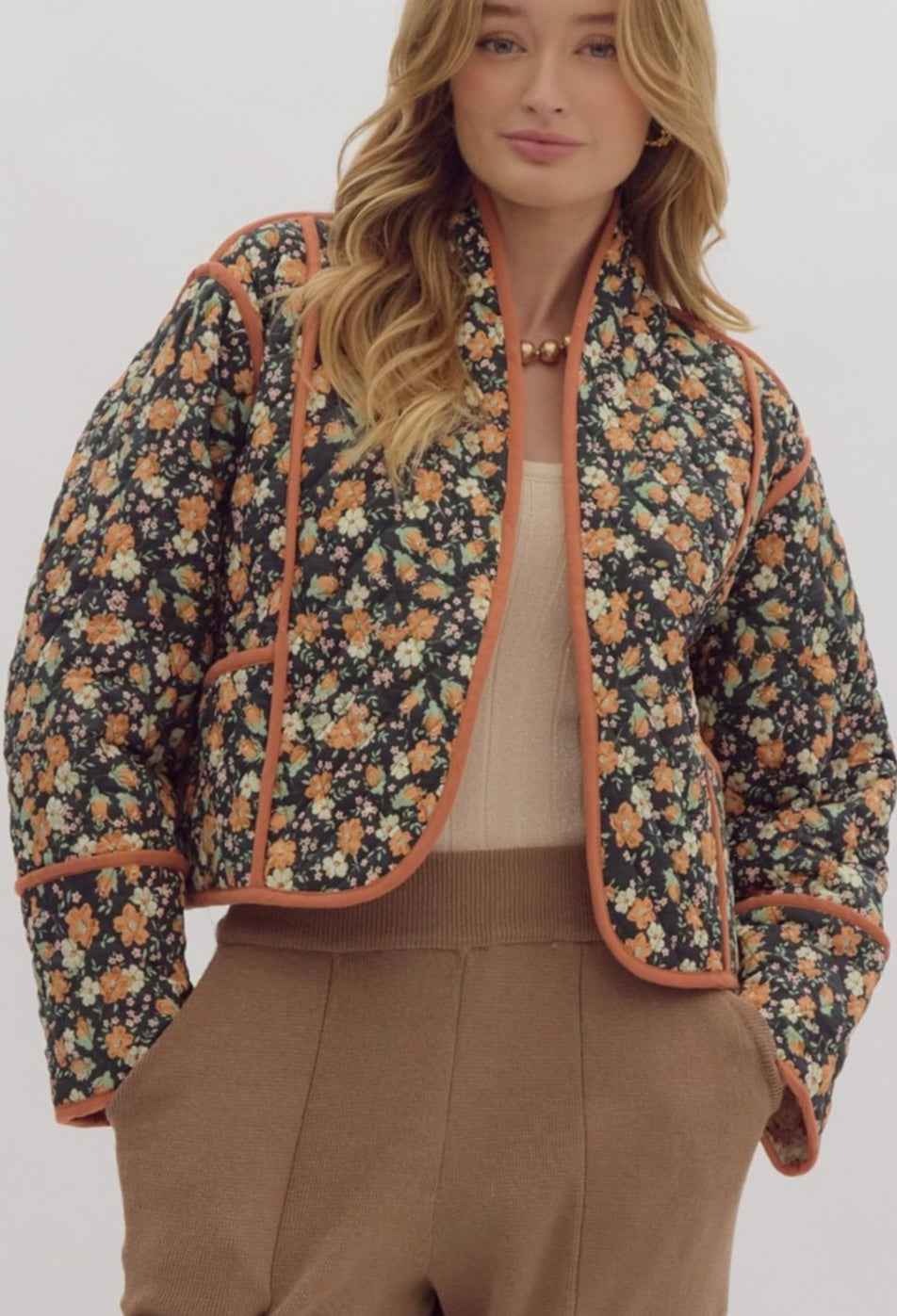 Floral print reversible crop quilted jacket