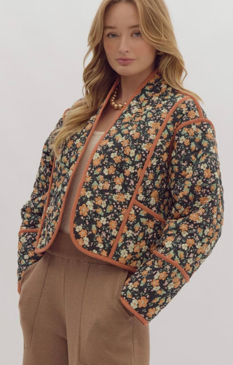 Floral print reversible crop quilted jacket