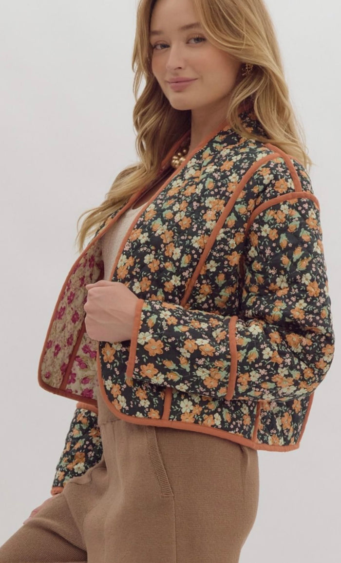 Floral print reversible crop quilted jacket