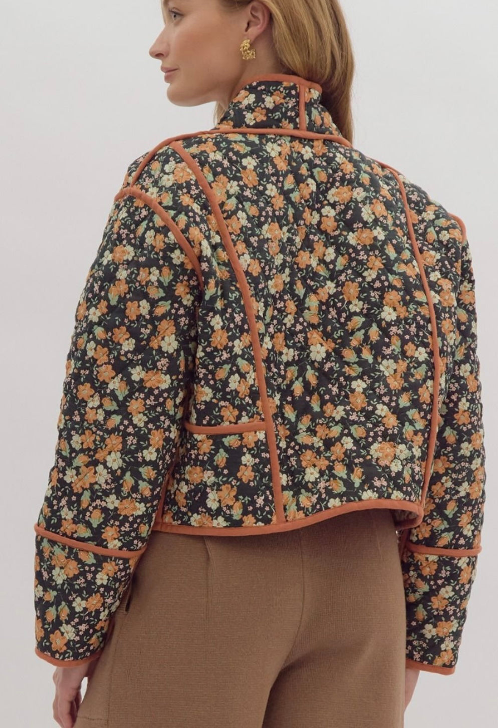 Floral print reversible crop quilted jacket