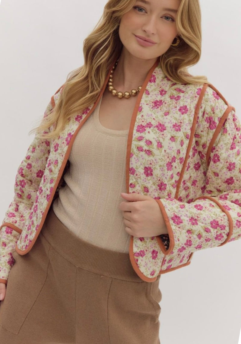 Floral print reversible crop quilted jacket