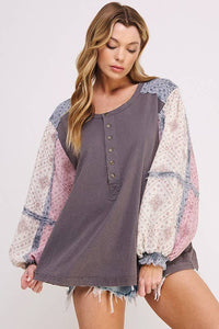 PLUS SIZE PRINTED PATCHWORK LONG SLEEVE BUTTON DOWN TOP