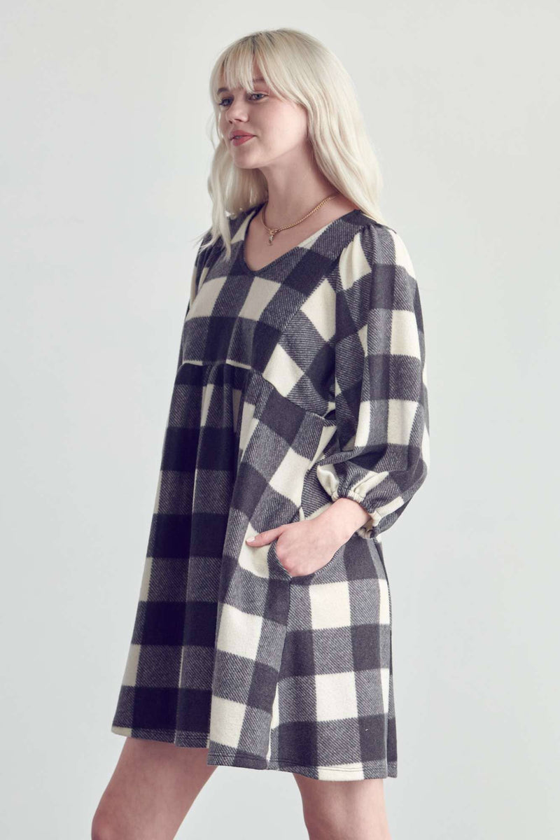 V NECK PLAID BABY DOLL DRESS