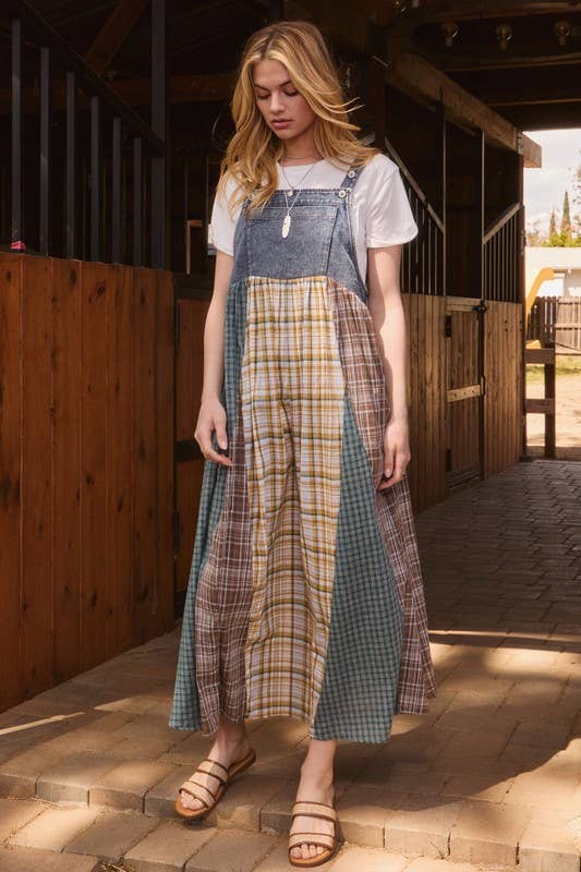 Plus Color Mixed Plaid Overall Maxi Dress