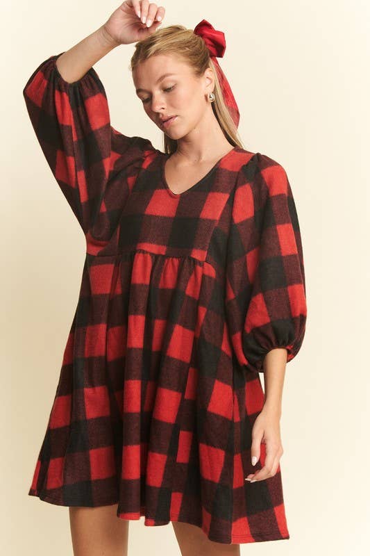 V NECK PLAID BABY DOLL DRESS