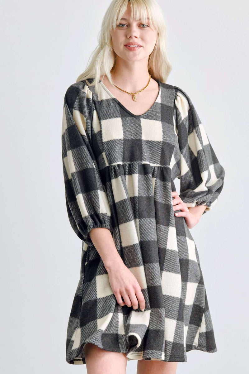 V NECK PLAID BABY DOLL DRESS