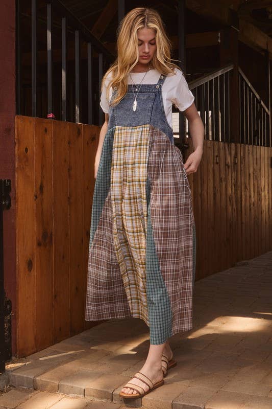 Plus Color Mixed Plaid Overall Maxi Dress