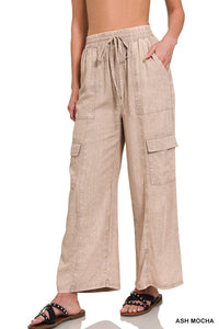 Washed Linen Elastic Band Waist Cargo Pants: ASH MOCHA / 1-1-1-1 (S-M-L-XL)