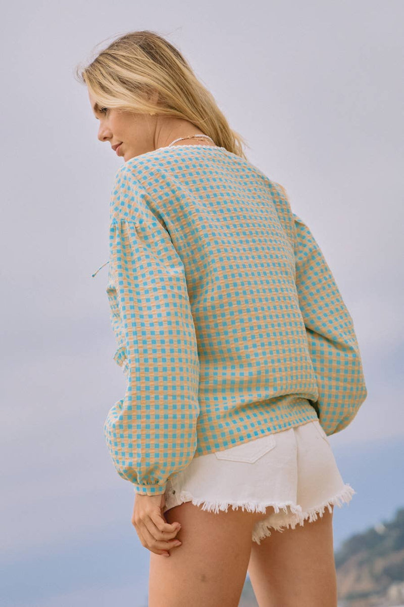 Colorful Gingham Front Tie Blouse