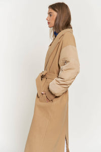 TIE WAIST PADDED BALLOON SLEEVE BOMBER MIDI COAT