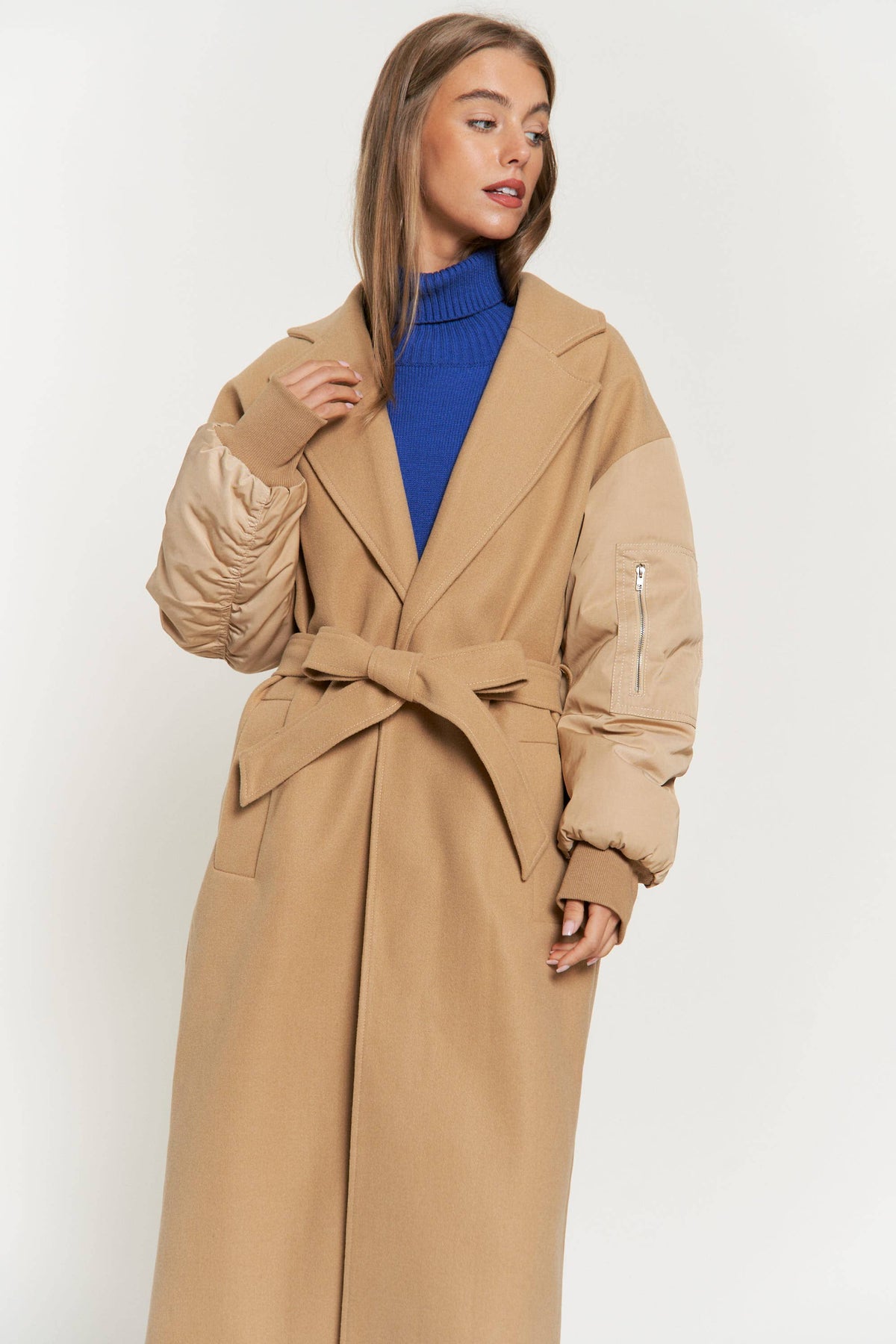 TIE WAIST PADDED BALLOON SLEEVE BOMBER MIDI COAT