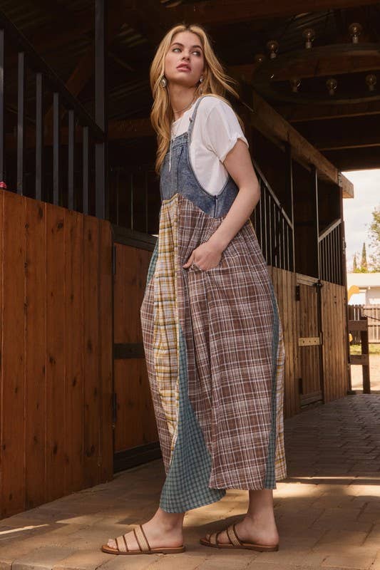 Plus Color Mixed Plaid Overall Maxi Dress