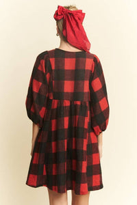 V NECK PLAID BABY DOLL DRESS