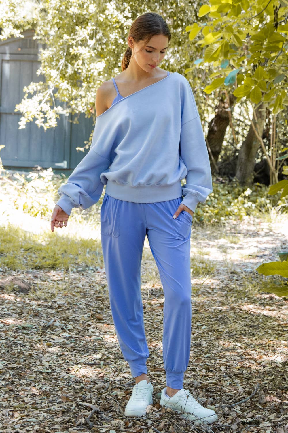 FRENCH TERRY FLEECE OFF SHOULDER SWEATSHIRT