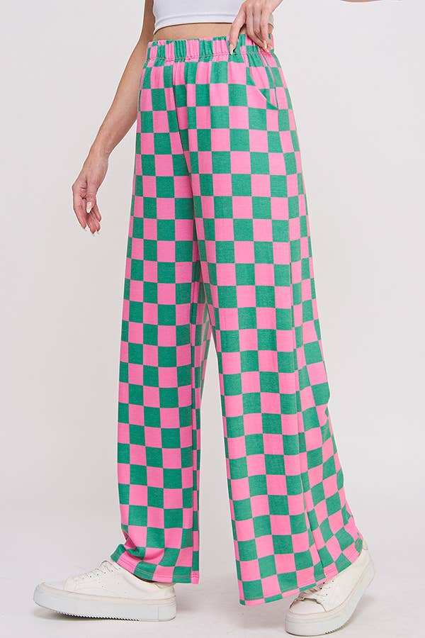 HIGH WAIST CHECKERED STRAIGHT LEG KNIT PANTS