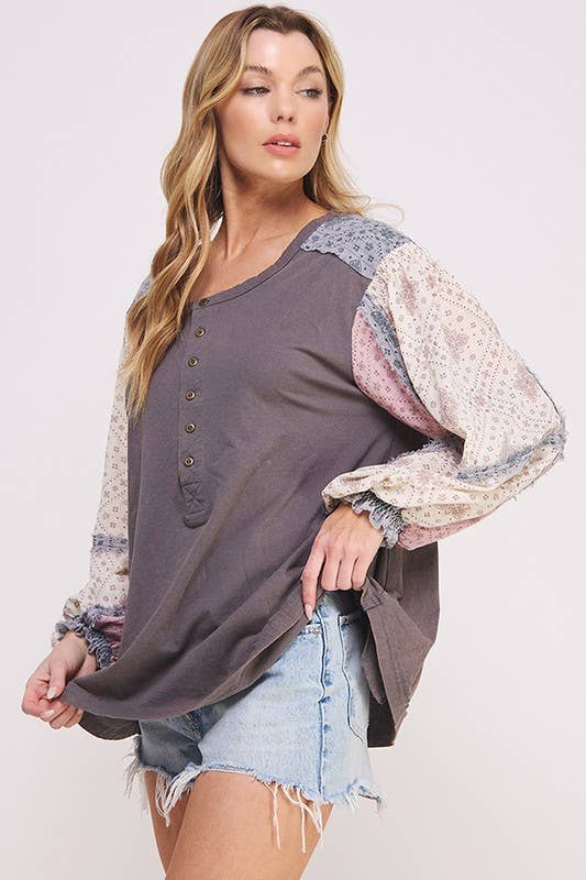 PLUS SIZE PRINTED PATCHWORK LONG SLEEVE BUTTON DOWN TOP