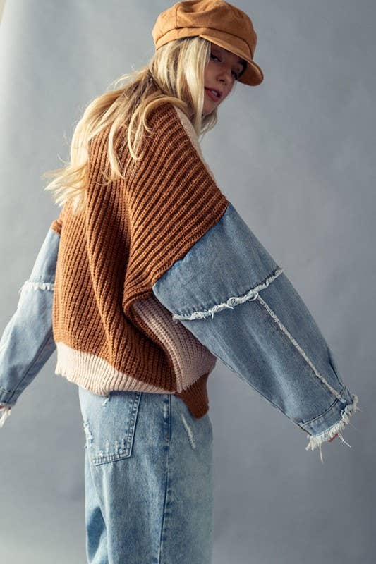 DENIM SLEEVE TWO TONE KNIT SWEATER