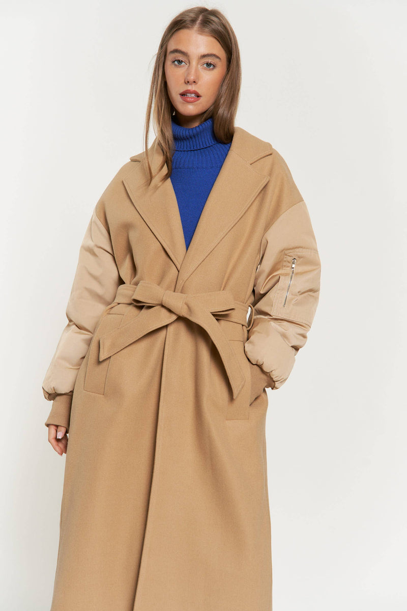 TIE WAIST PADDED BALLOON SLEEVE BOMBER MIDI COAT