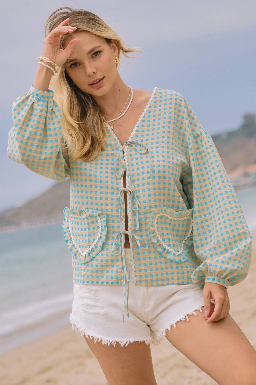 Colorful Gingham Front Tie Blouse