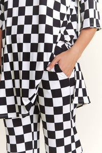 RIBBED CHECKERED PRINT TOP/STRAIGHT LEG PANTS SET