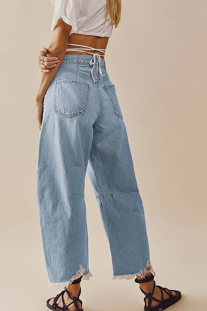 White barrel raw hem jeans